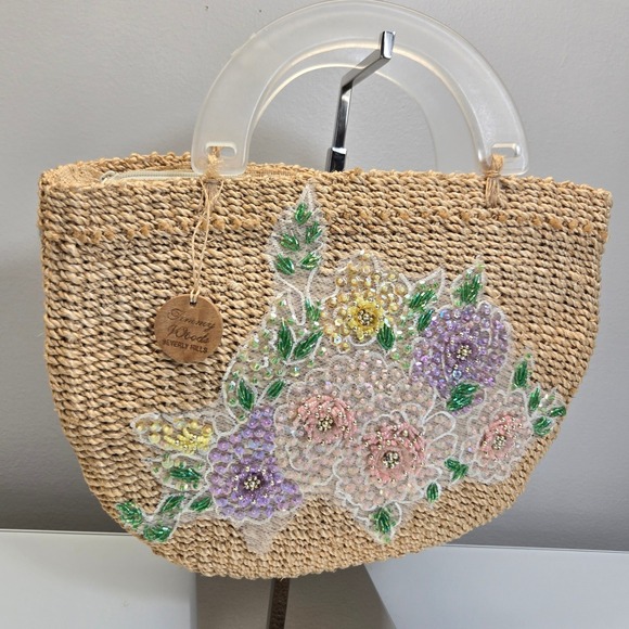 Timmy Woods Handbags - Vintage Timmy Woods Beverly Hills Lucite Top Handel Basket Bag Floral Beaded